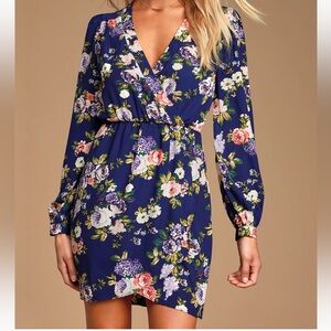 Lulus Floral Long Sleeve Dress in Navy Blue